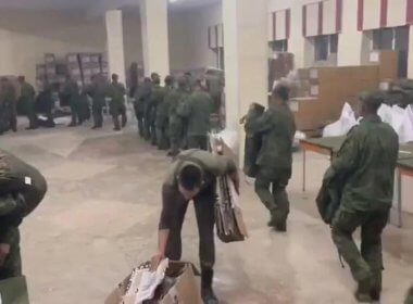 North Korean soldiers purportedly receiving combat apparel for use in Ukraine at the Sergeevsky military base in Russia. Ukranian Center for Strategic Communications and Information Security.