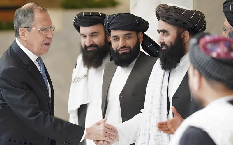 Russian Foreign Minister Sergey Lavrov meets with Taliban representatives. Russian foreign ministry.