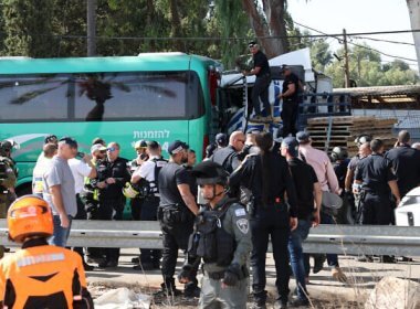 Emergency services at the scene of an October 27 truck ramming attack in Herzliya. AFP