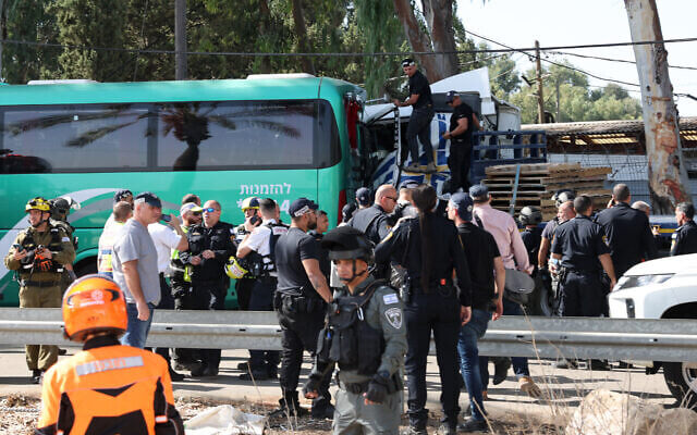 Emergency services at the scene of an October 27 truck ramming attack in Herzliya. AFP