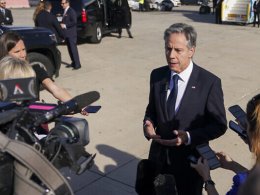 U.S. Secretary of State Antony Blinken speaks with members of the media at Ben Gurion Airport before departing for Riyadh, Saudi Arabia, in Tel Aviv, Oct. 23, 2024. AP