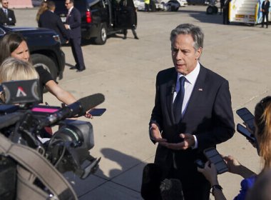 U.S. Secretary of State Antony Blinken speaks with members of the media at Ben Gurion Airport before departing for Riyadh, Saudi Arabia, in Tel Aviv, Oct. 23, 2024. AP