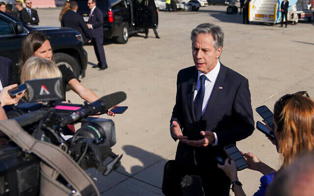 U.S. Secretary of State Antony Blinken speaks with members of the media at Ben Gurion Airport before departing for Riyadh, Saudi Arabia, in Tel Aviv, Oct. 23, 2024. AP