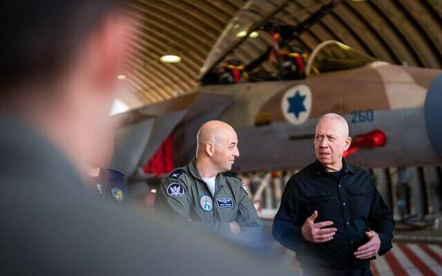 Defense Minister Yoav Gallant speaks to at the Hatzerim Airbase, October 23, 2024. IDF