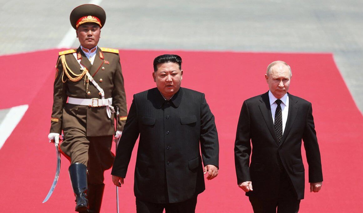 Russia’s President Vladimir Putin and North Korea’s leader Kim Jong-un attend an official welcoming ceremony in Pyongyang, North Korea, June 19, 2024. Reuters.