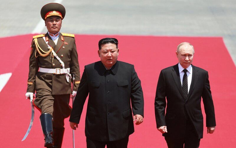 Russia’s President Vladimir Putin and North Korea’s leader Kim Jong-un attend an official welcoming ceremony in Pyongyang, North Korea, June 19, 2024. Reuters.