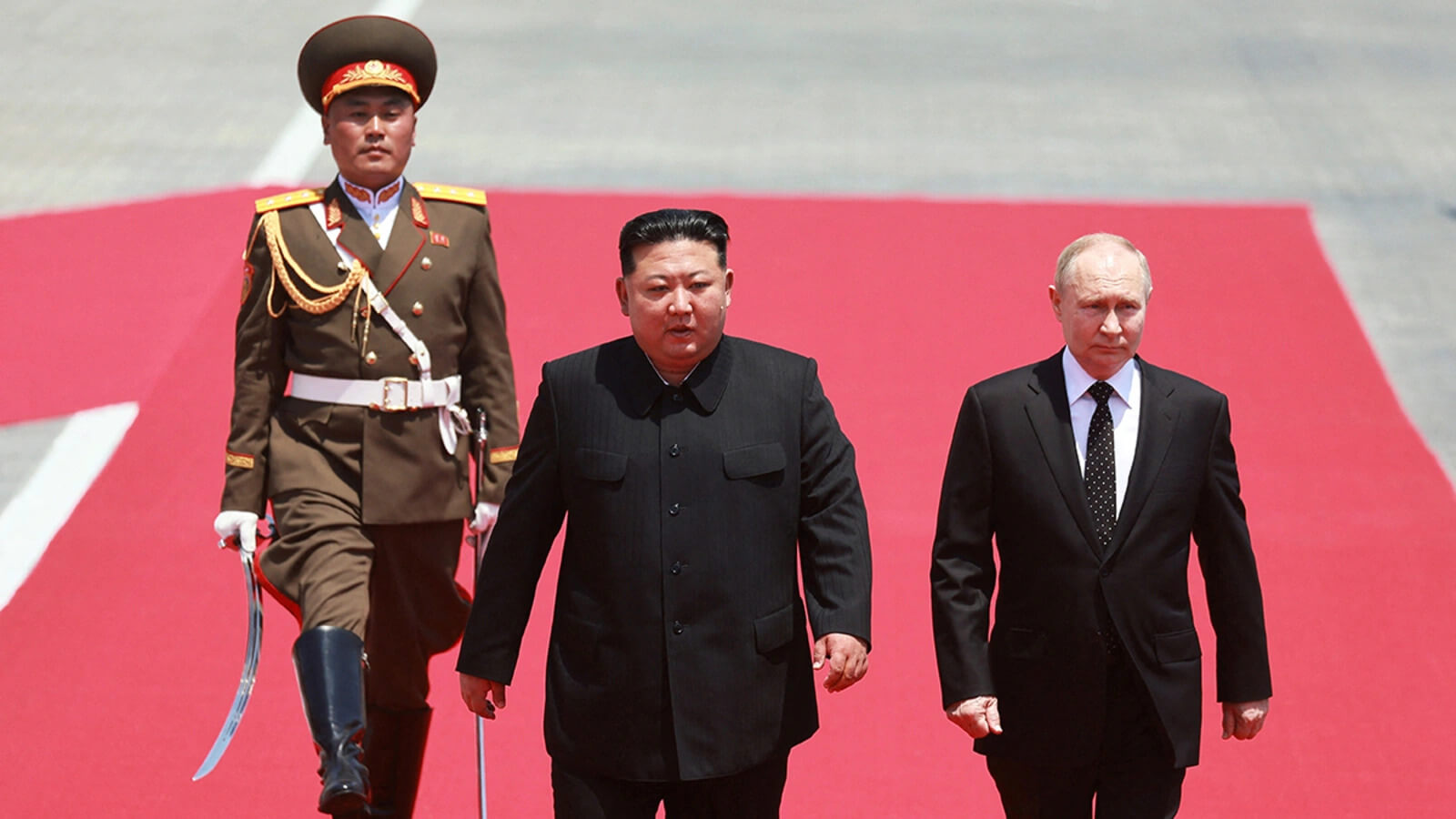 Russia’s President Vladimir Putin and North Korea’s leader Kim Jong-un attend an official welcoming ceremony in Pyongyang, North Korea, June 19, 2024. Reuters.