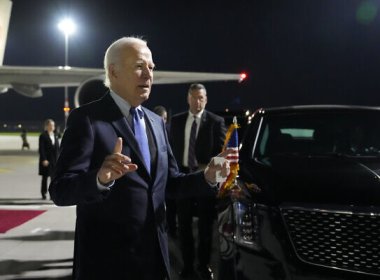 U.S. President Joe Biden speaks after arriving at Brandenburg Airport, October 17, 2024. AP