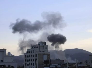 Smokes raise after U.S. aircraft and ships struck Houthi strongholds in Yemen, on October 4. AP