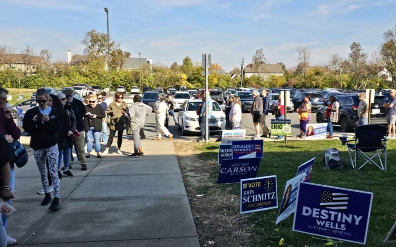 Voters line up outside of the MSD Lawrence Education & Community Center. Brad Klopfenstein