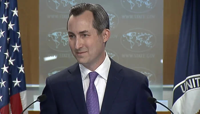 State Department spokesperson Matthew Miller addressing a press conference in Washington. state.gov