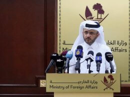 Majed Al-Ansari speaks during weekly press briefing at the Ministry of Foreign Affairs in Doha. Reuters