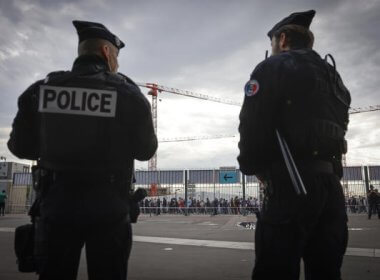 Police officers stand guard ahead a UEFA Nations League soccer match at the Stade de France in Saint Denis. AP