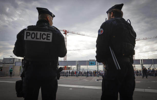 Police officers stand guard ahead a UEFA Nations League soccer match at the Stade de France in Saint Denis. AP