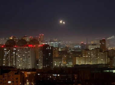 Explosions are seen in the sky over Kyiv, Ukraine, during a Russian drone strike on Nov. 25, 2024. Reuters