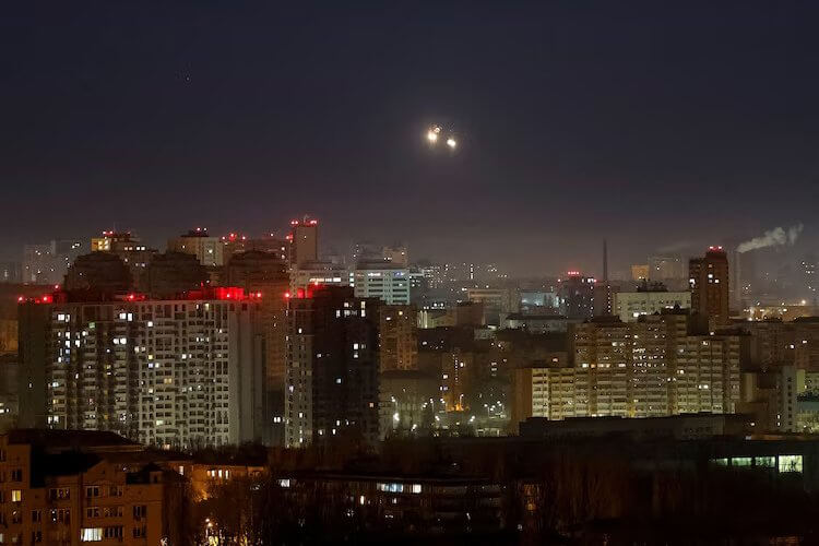 Explosions are seen in the sky over Kyiv, Ukraine, during a Russian drone strike on Nov. 25, 2024. Reuters