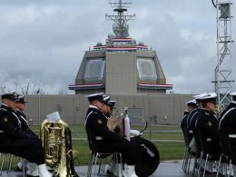 A military band at the ribbon-cutting ceremony for a naval support facility in Redzikowo. Reuters