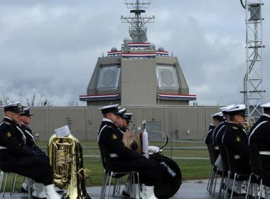 A military band at the ribbon-cutting ceremony for a naval support facility in Redzikowo. Reuters