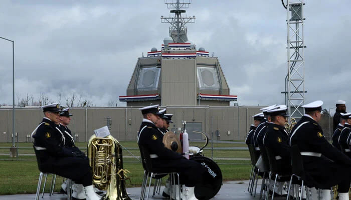 A military band at the ribbon-cutting ceremony for a naval support facility in Redzikowo. Reuters