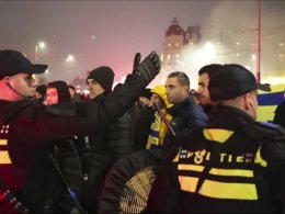 Police responding to attacks on Maccabi Tel Aviv supporters in Amsterdam. AP