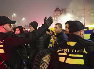 Police responding to attacks on Maccabi Tel Aviv supporters in Amsterdam. AP