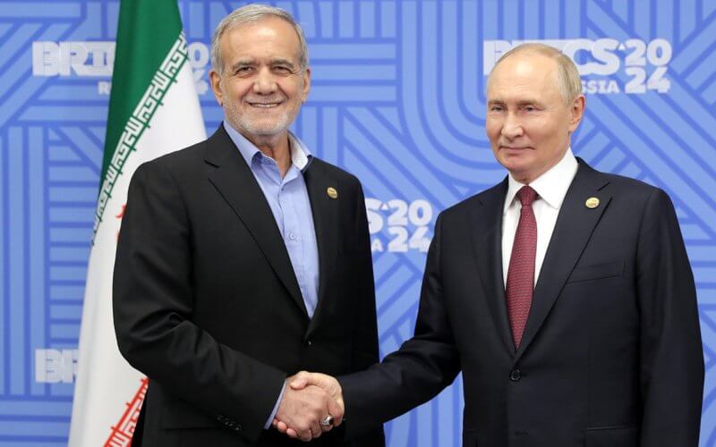 Vladimir Putin meets with President of the Islamic Republic Masoud Pezeshkian. brics-russia2024.ru