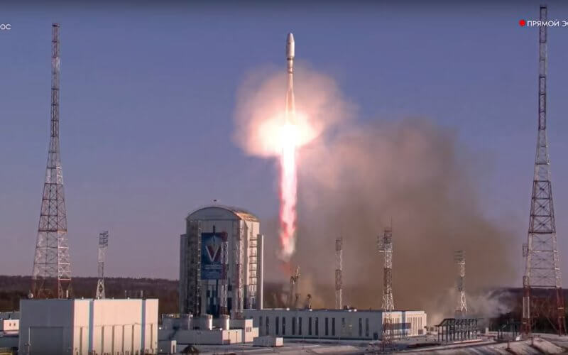 A Soyuz rocket lifts off from a launch site in Vostochny, Russia to carry satellites, including two for the Islamic Republic. Roscosmos State Space Corporation