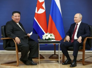 Russia's President Vladimir Putin and North Korea's leader Kim Jong-un attend a meeting at the Vostochny Cosmodrome in Russia. Reuters