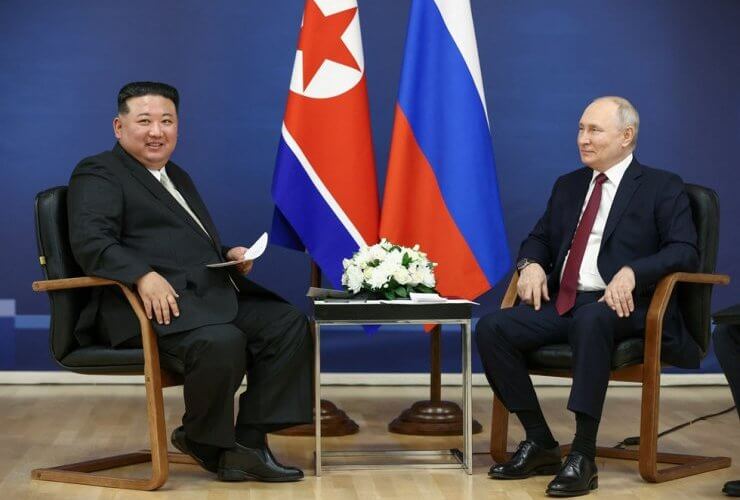 Russia's President Vladimir Putin and North Korea's leader Kim Jong-un attend a meeting at the Vostochny Cosmodrome in Russia. Reuters