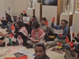 French anti-Israel protesters at the French Football Federation in Paris. x.com