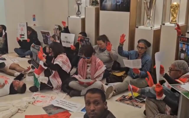 French anti-Israel protesters at the French Football Federation in Paris. x.com