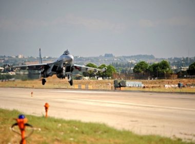 A Russian Sukhoi Su-35 fighter takes off at the Russian military base of Hmeimim. AFP