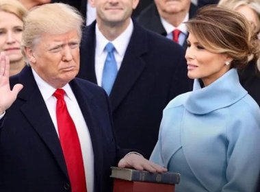 Donald Trump, with wife Melania holding the Bible, takes the oath of office as President of the United States on Monday, Jan. 20, 2020. facebook.com