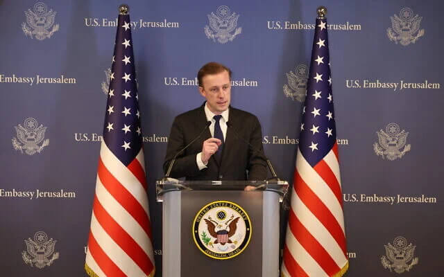 US National Security Adviser Jake Sullivan speaks during a press conference in Tel Aviv. AFP