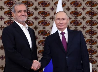 Russian President Vladimir Putin and Islamic Republic President Masoud Pezeshkian meet on the sidelines of a regional forum in Ashgabat, Turkmenistan. Sputnik