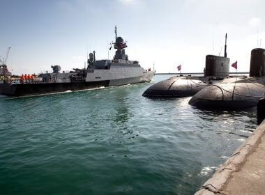 A navy missile ship departs the Russian naval facility in Tartus, Syria. AP