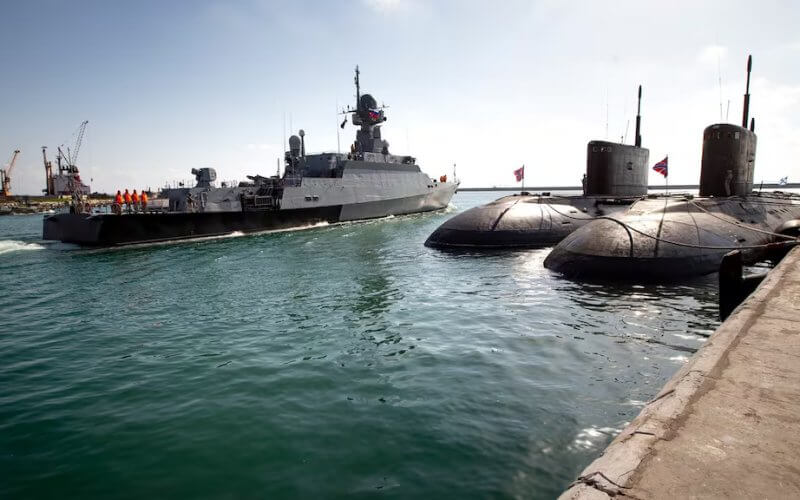 A navy missile ship departs the Russian naval facility in Tartus, Syria. AP