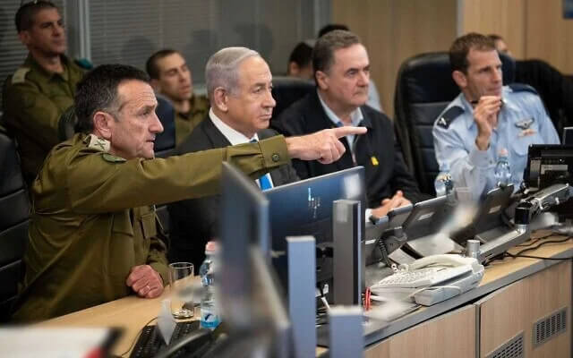 IDF Chief of Staff Herzi Halevi, Prime Minister Benjamin Netanyahu, Defense Minister Israel Katz, and IAF Chief of Staff Omer Tischler at a command center in Tel Aviv on December 26. IDF