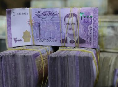 Syrian pounds are pictured inside an exchange currency shop in Azaz, Syria. Reuters