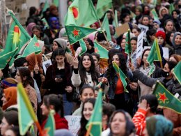 Kurdish women during a rally in Qamishli on Monday. Reuters