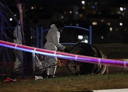 Israeli security forces patrol the scene where fragments of a Houthi ballistic missile launched from Yemen at Israel crashed in the central Israeli town of Bet Shemesh. AFP