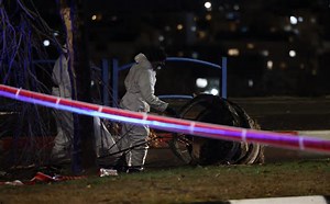 Israeli security forces patrol the scene where fragments of a Houthi ballistic missile launched from Yemen at Israel crashed in the central Israeli town of Bet Shemesh. AFP