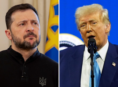 A picture of Ukrainian President Volodymyr Zelenskyy on the left and American President Donald Trump on the right.