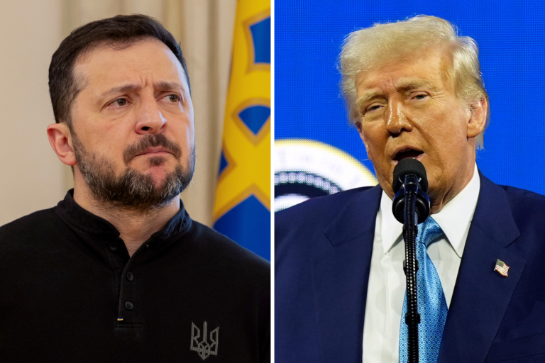 A picture of Ukrainian President Volodymyr Zelenskyy on the left and American President Donald Trump on the right.