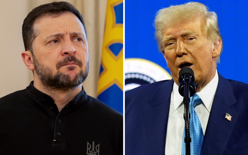 A picture of Ukrainian President Volodymyr Zelenskyy on the left and American President Donald Trump on the right.